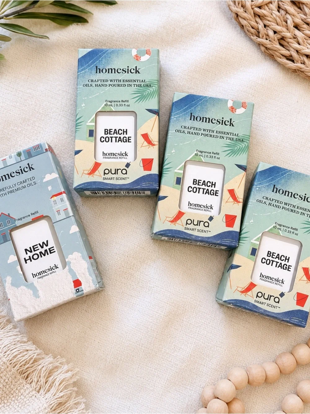 Homesick Pura Smart Fragrance Refill Bundle New Home & Beach Cottage Set of 4